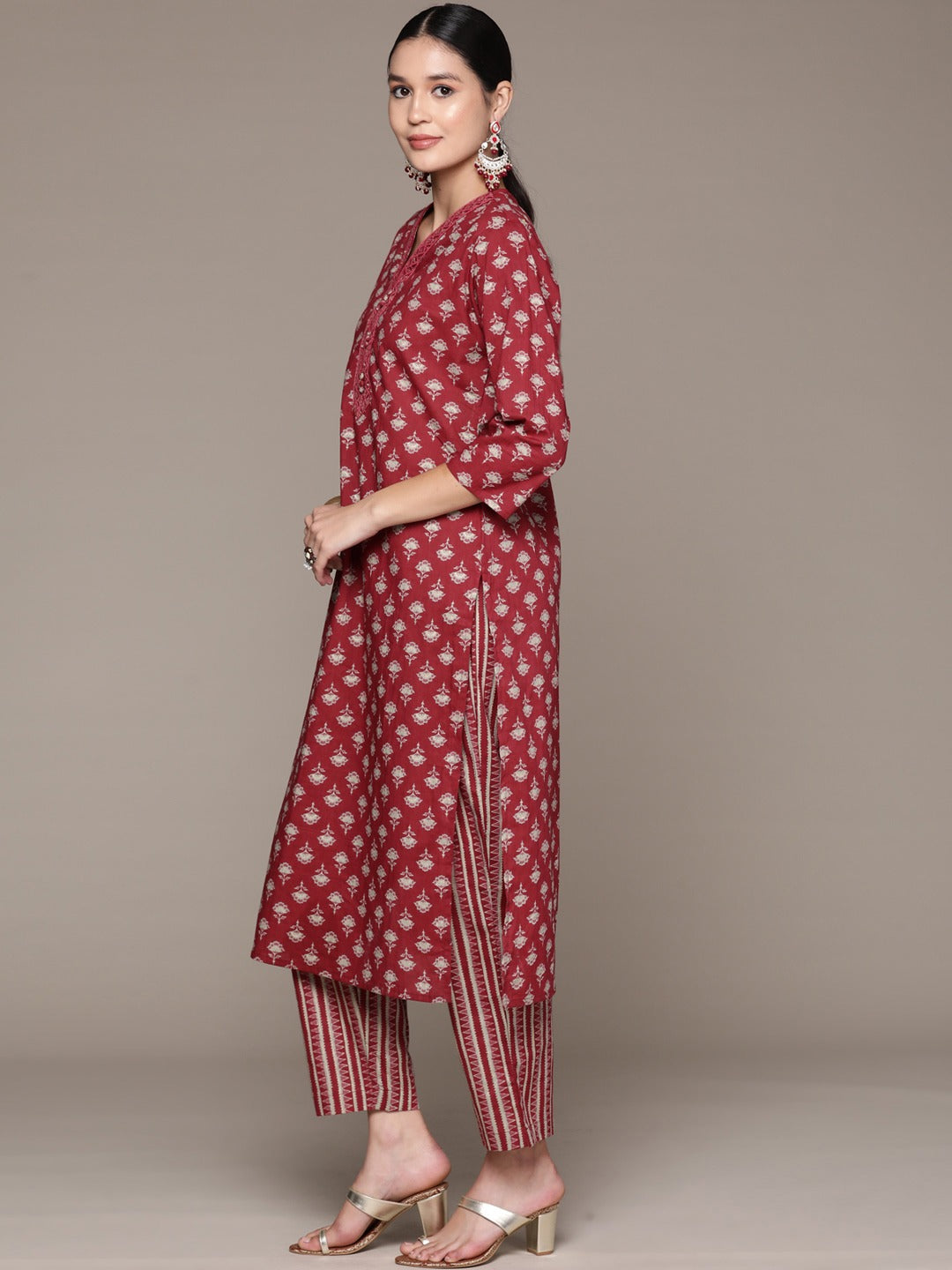 Straight Style Cotton Fabric Burgundy Color Kurta With Bottom And Dupatta