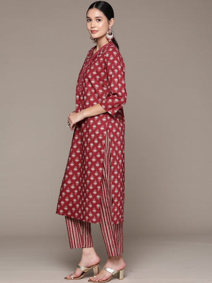 Straight Style Cotton Fabric Burgundy Color Kurta With Bottom And Dupatta