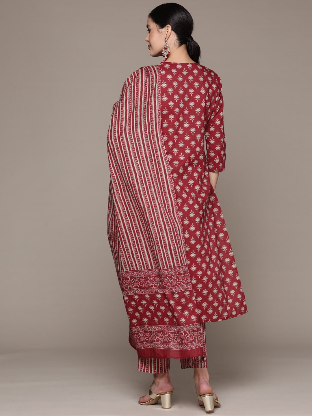 Straight Style Cotton Fabric Burgundy Color Kurta With Bottom And Dupatta