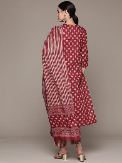 Straight Style Cotton Fabric Burgundy Color Kurta With Bottom And Dupatta