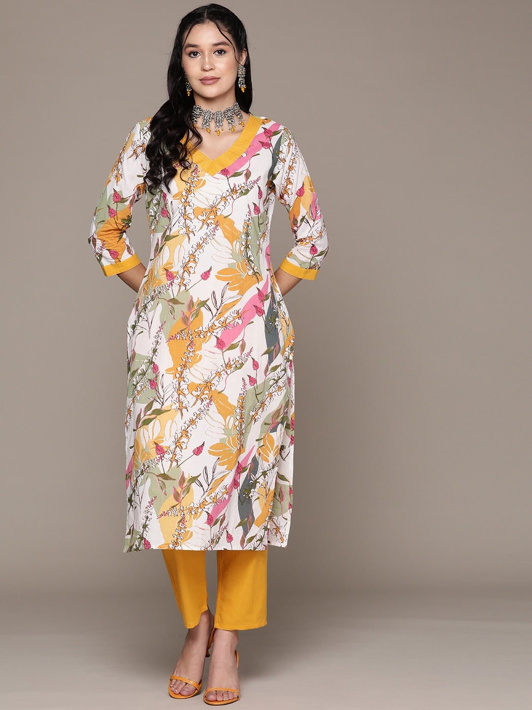 Straight Style Cotton Fabric Mustard Color Kurta With Bottom