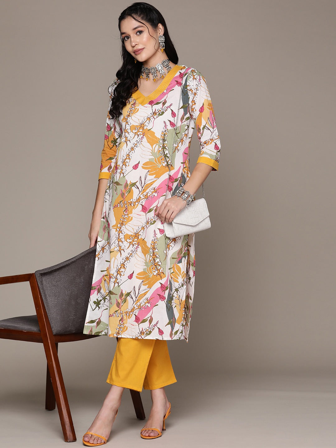 Straight Style Cotton Fabric Mustard Color Kurta With Bottom