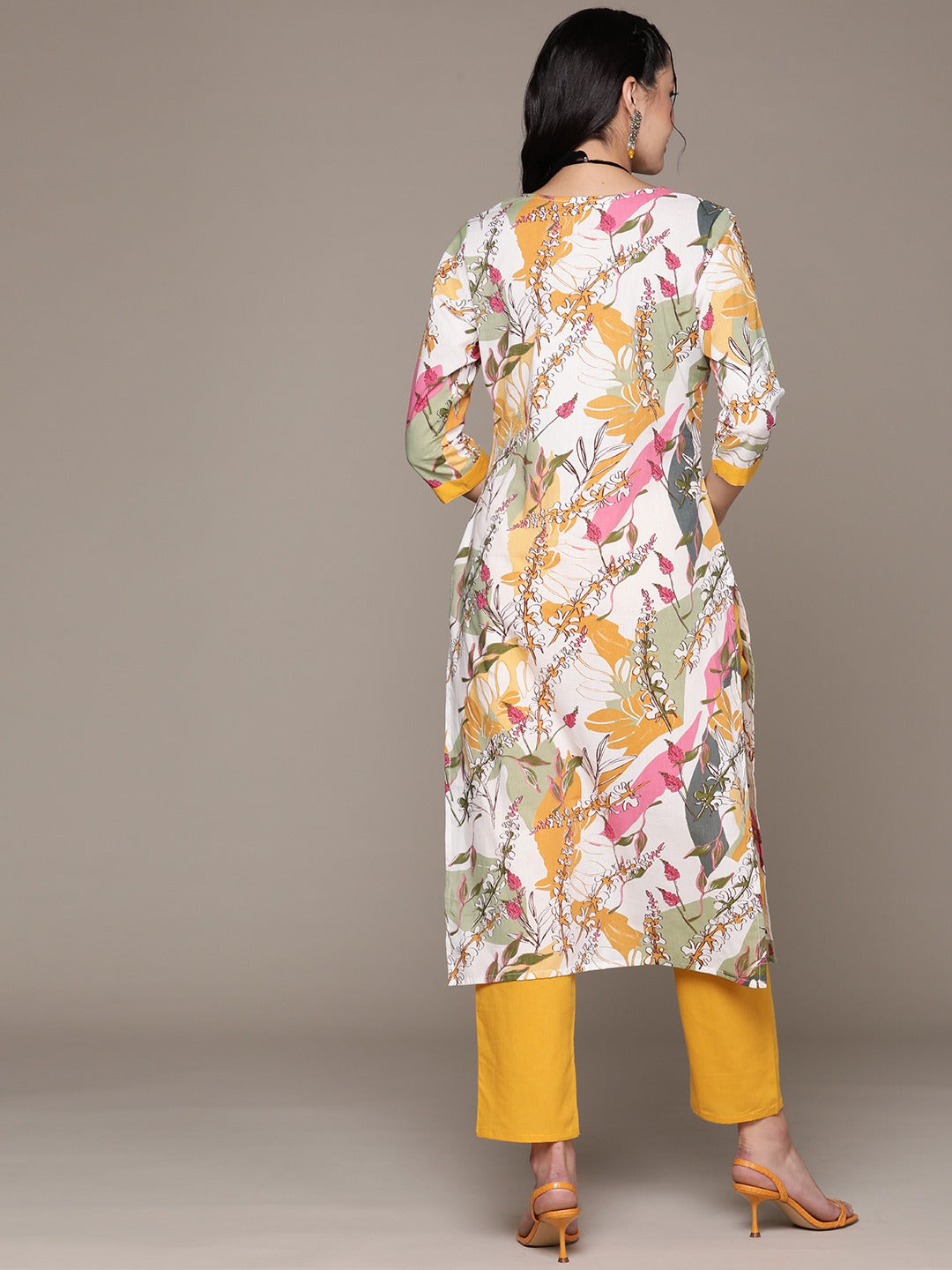 Straight Style Cotton Fabric Mustard Color Kurta With Bottom