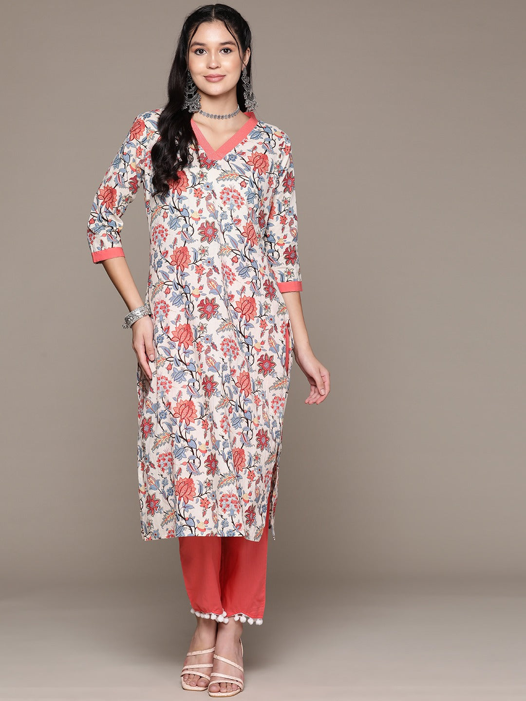 Straight Style Cotton Fabric Peach Color Kurta With Bottom