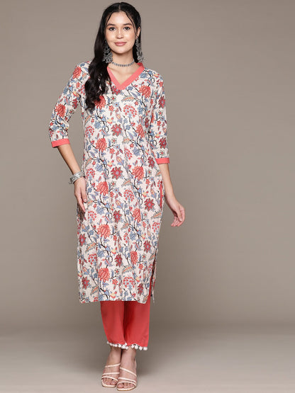 Straight Style Cotton Fabric Peach Color Kurta With Bottom