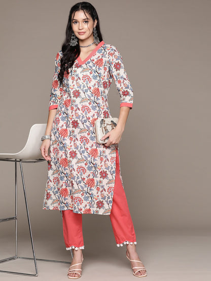 Straight Style Cotton Fabric Peach Color Kurta With Bottom