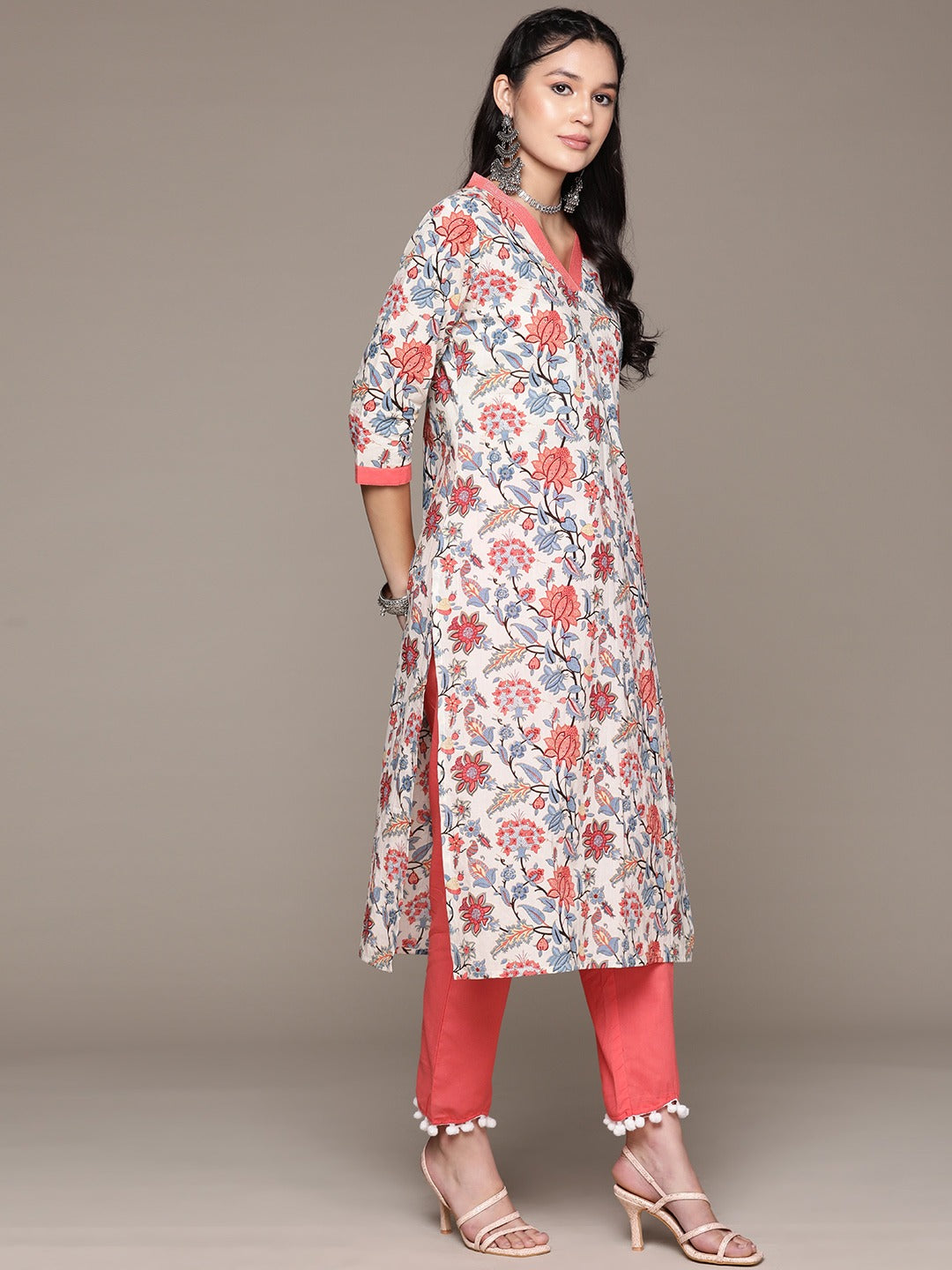 Straight Style Cotton Fabric Peach Color Kurta With Bottom
