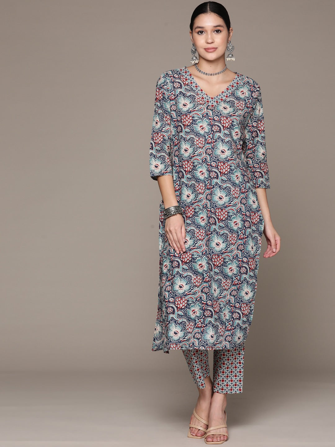 Straight Style Cotton Fabric Multi Color Kurta With Bottom