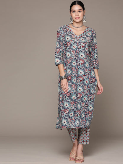 Straight Style Cotton Fabric Multi Color Kurta With Bottom