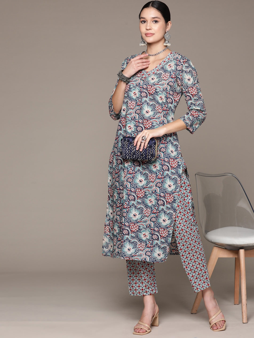 Straight Style Cotton Fabric Multi Color Kurta With Bottom