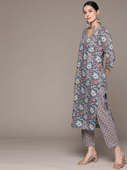 Straight Style Cotton Fabric Multi Color Kurta With Bottom