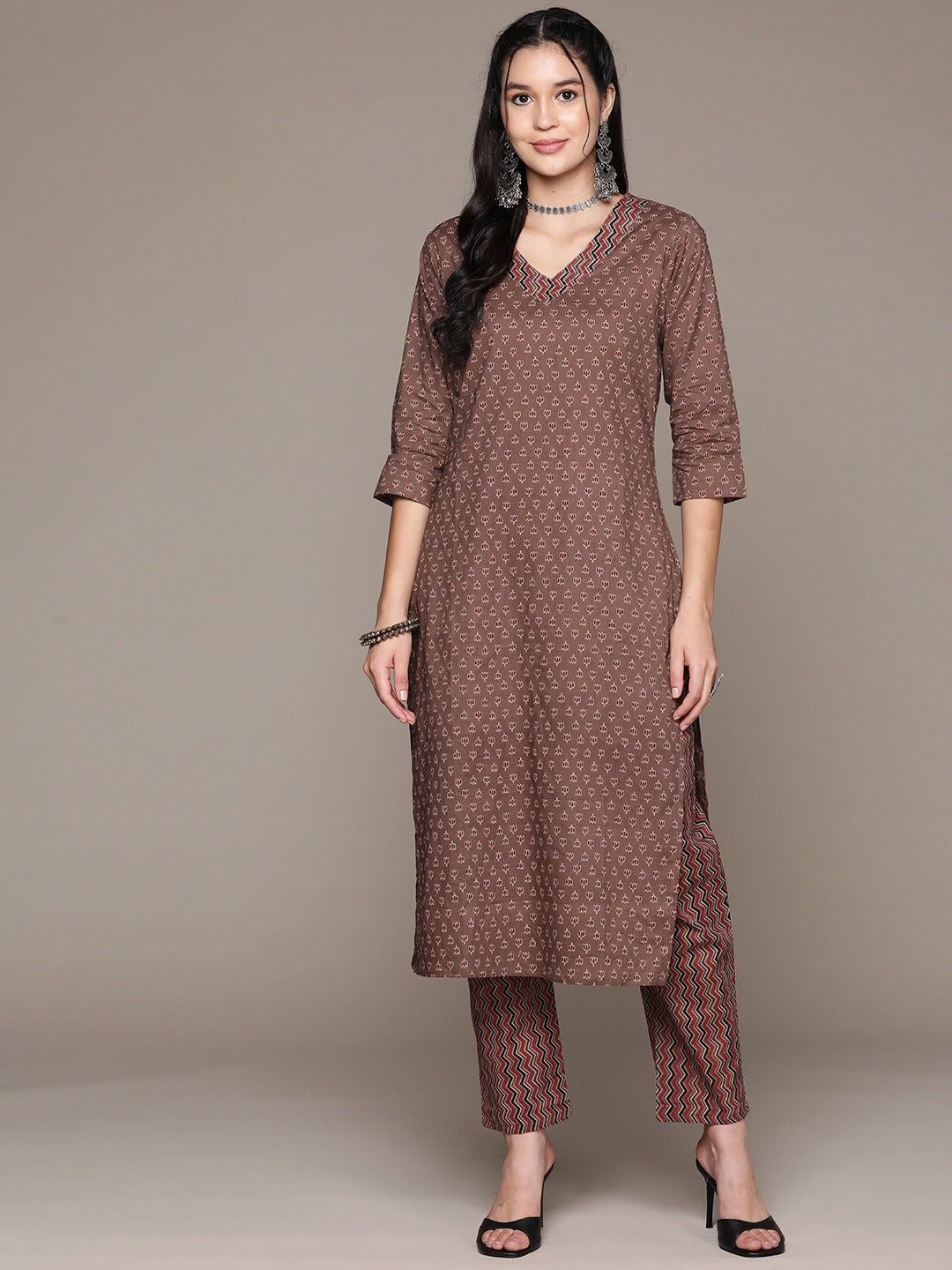 Straight Style Cotton Fabric Rust Color Kurta With Bottom
