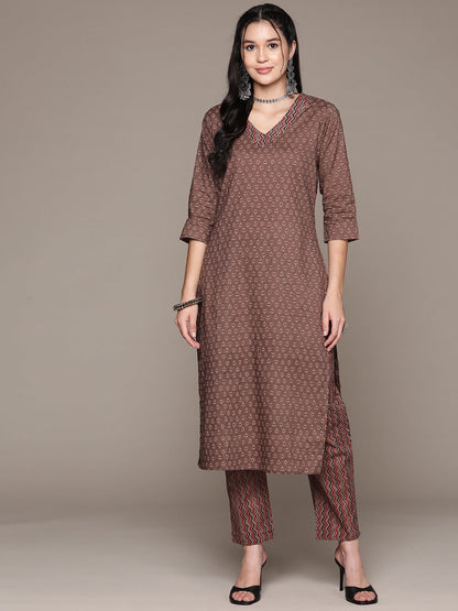 Straight Style Cotton Fabric Rust Color Kurta With Bottom