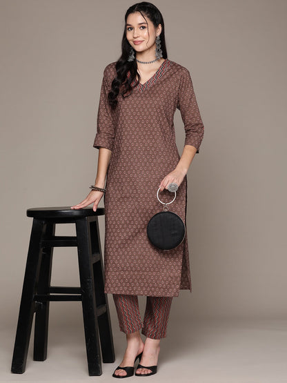 Straight Style Cotton Fabric Rust Color Kurta With Bottom