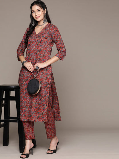 Straight Style Cotton Fabric Red Color Kurta With Bottom
