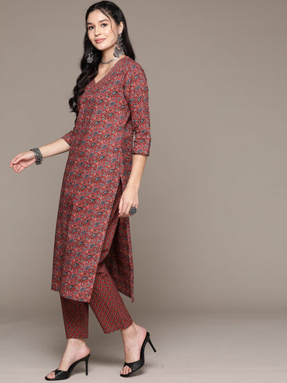Straight Style Cotton Fabric Red Color Kurta With Bottom