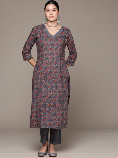 Straight Style Cotton Fabric Blue Color Kurta With Bottom