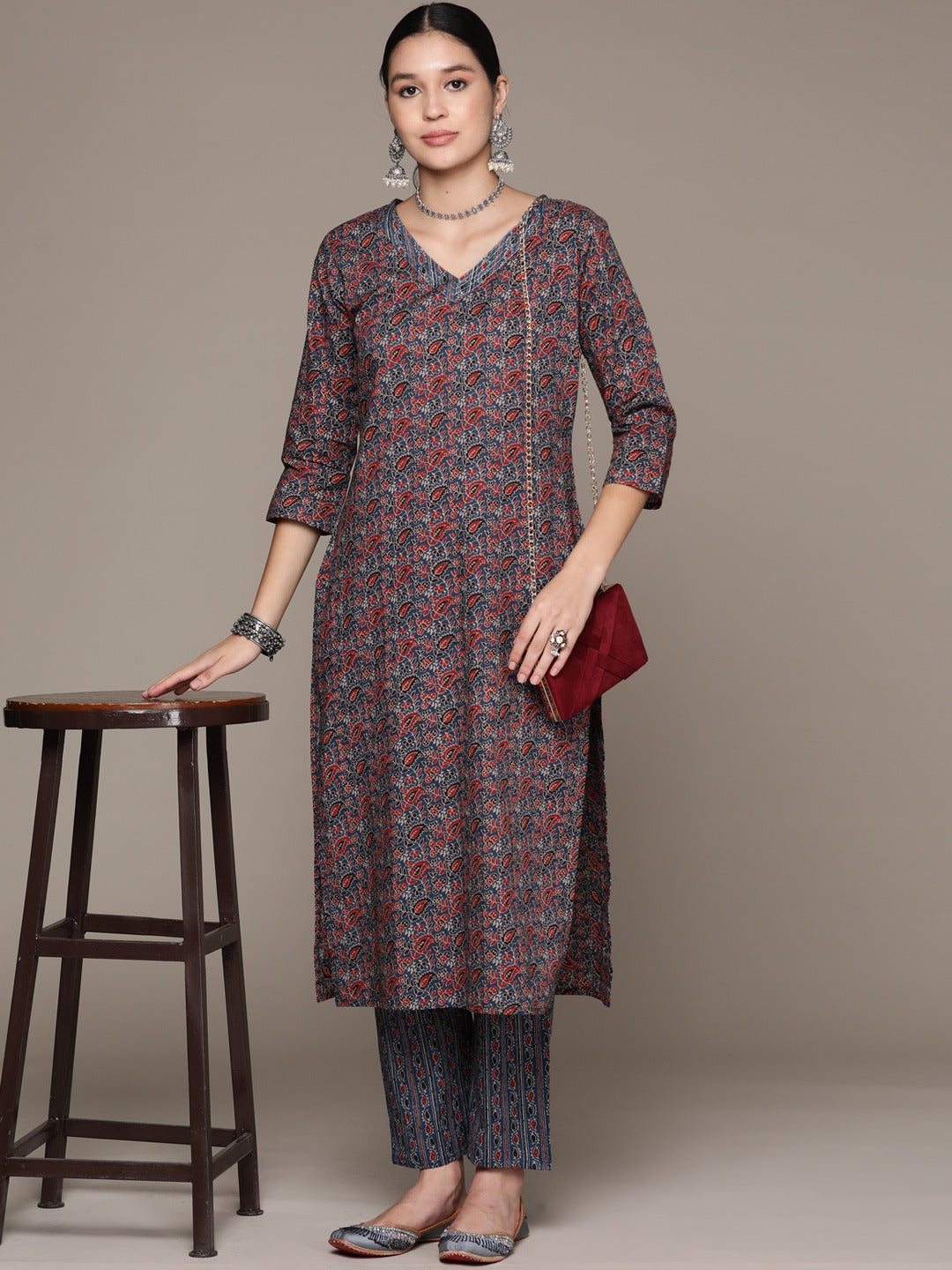 Straight Style Cotton Fabric Blue Color Kurta With Bottom