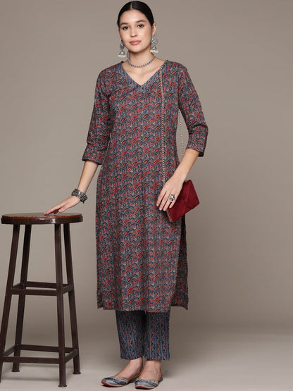 Straight Style Cotton Fabric Blue Color Kurta With Bottom