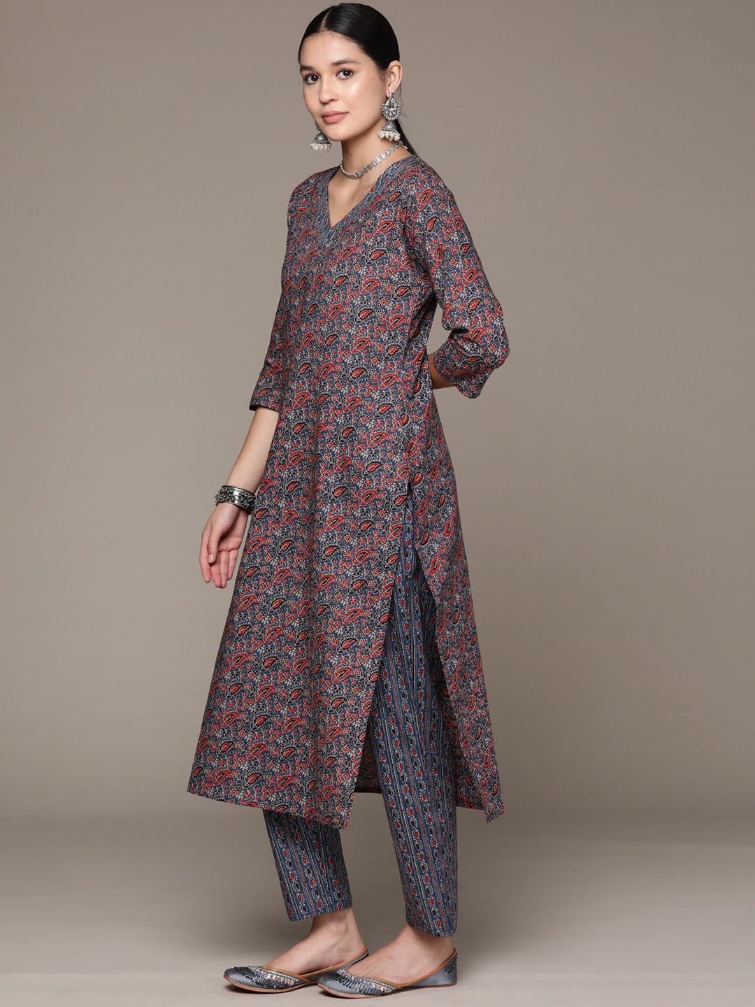 Straight Style Cotton Fabric Blue Color Kurta With Bottom