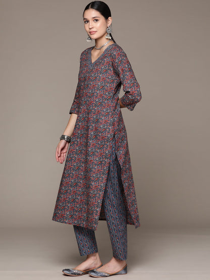 Straight Style Cotton Fabric Blue Color Kurta With Bottom