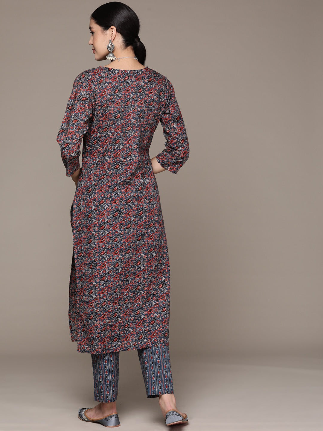 Straight Style Cotton Fabric Blue Color Kurta With Bottom