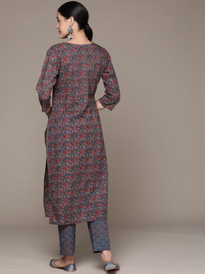 Straight Style Cotton Fabric Blue Color Kurta With Bottom