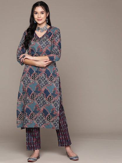 Straight Style Cotton Fabric Navy Blue Color Kurta With Bottom