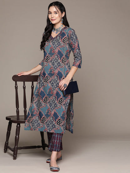 Straight Style Cotton Fabric Navy Blue Color Kurta With Bottom