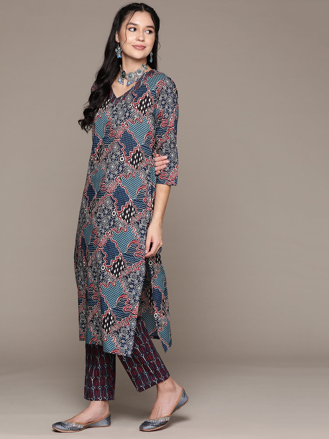 Straight Style Cotton Fabric Navy Blue Color Kurta With Bottom