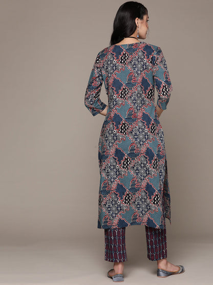 Straight Style Cotton Fabric Navy Blue Color Kurta With Bottom