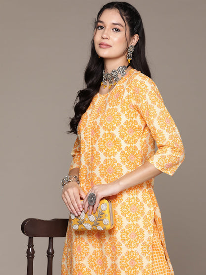 Straight Style Cotton Fabric Yellow Color Kurta With Bottom