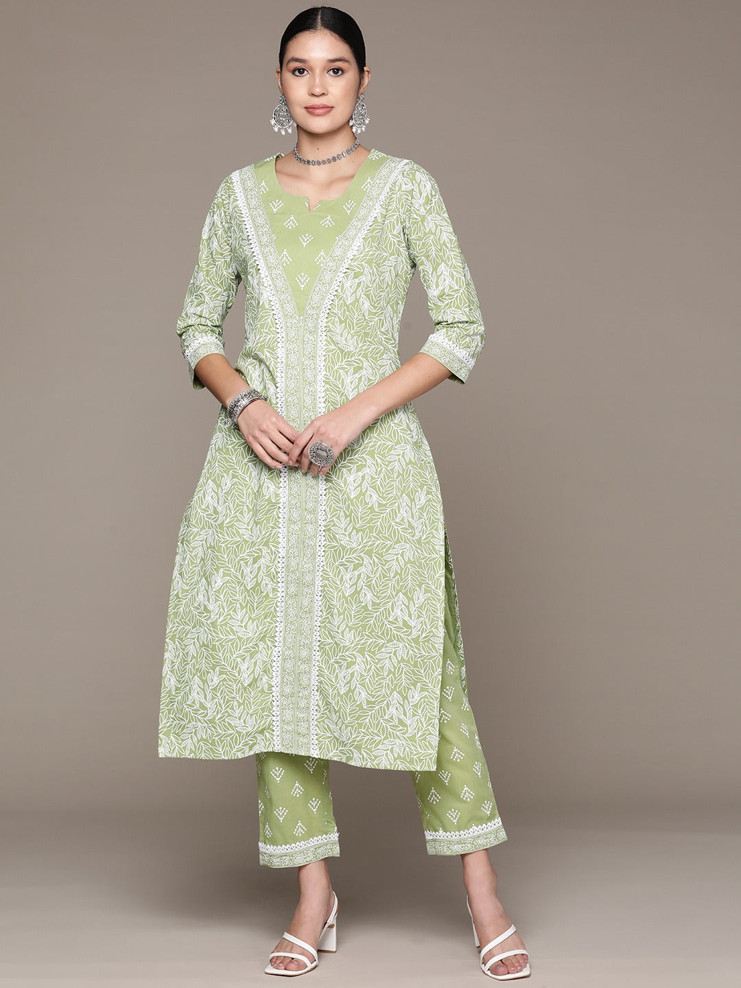 Straight Style Cotton Fabric Green Color Kurta With Bottom