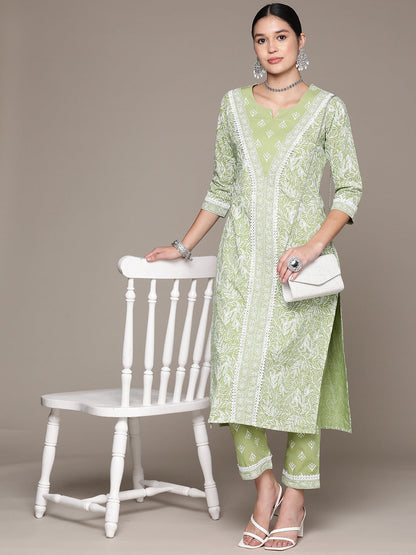 Straight Style Cotton Fabric Green Color Kurta With Bottom
