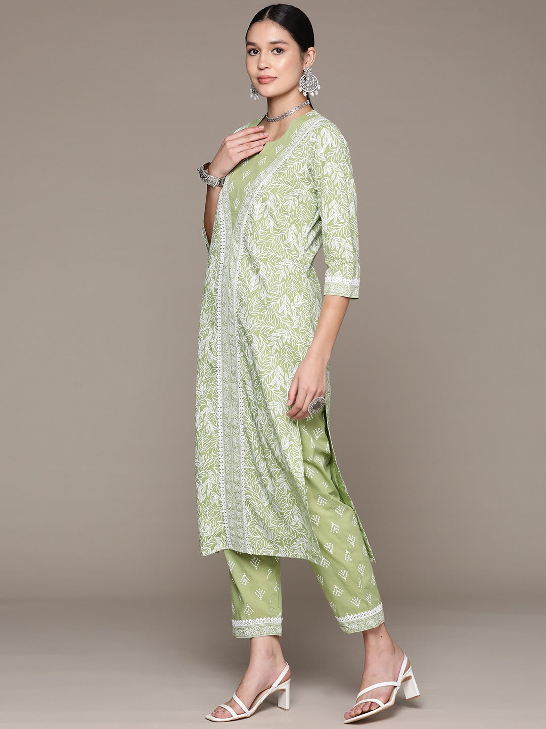 Straight Style Cotton Fabric Green Color Kurta With Bottom