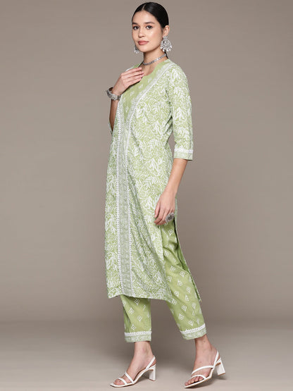 Straight Style Cotton Fabric Green Color Kurta With Bottom