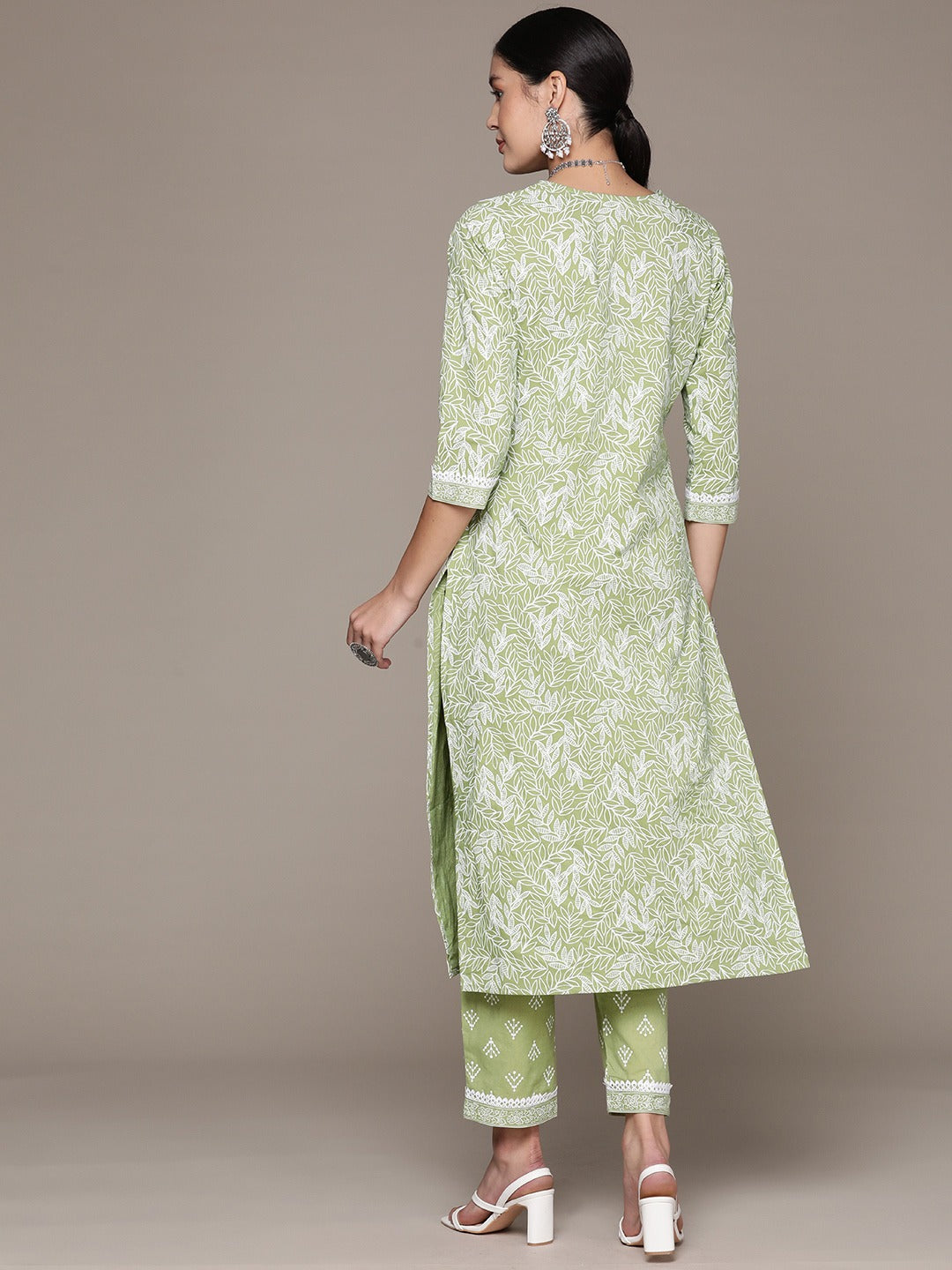 Straight Style Cotton Fabric Green Color Kurta With Bottom