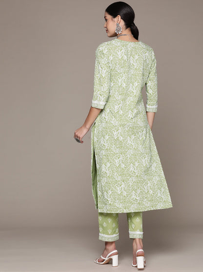 Straight Style Cotton Fabric Green Color Kurta With Bottom