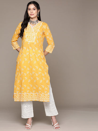 Straight Style Cotton Fabric Yellow Color Kurta With Bottom