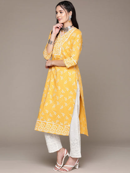 Straight Style Cotton Fabric Yellow Color Kurta With Bottom