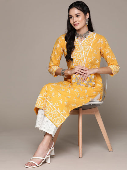 Straight Style Cotton Fabric Yellow Color Kurta With Bottom