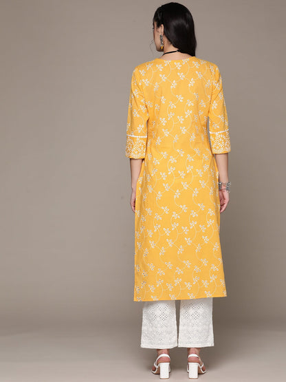 Straight Style Cotton Fabric Yellow Color Kurta With Bottom