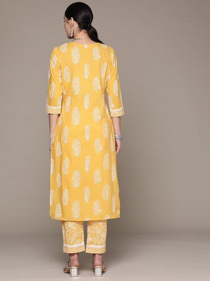 Straight Style Cotton Fabric Yellow Color Kurta With Bottom