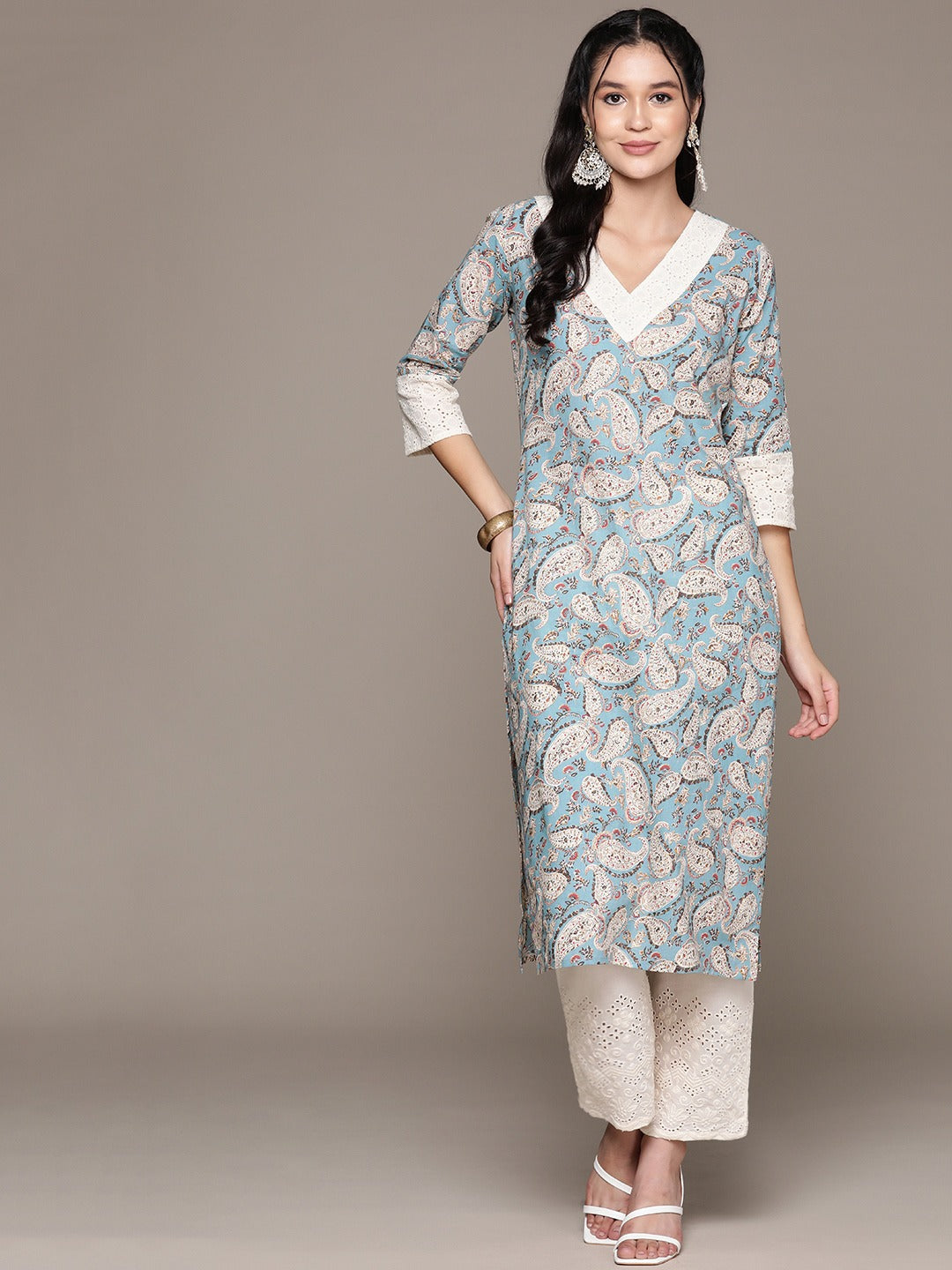 Straight Style Cotton Fabric Blue Color Kurta With Bottom