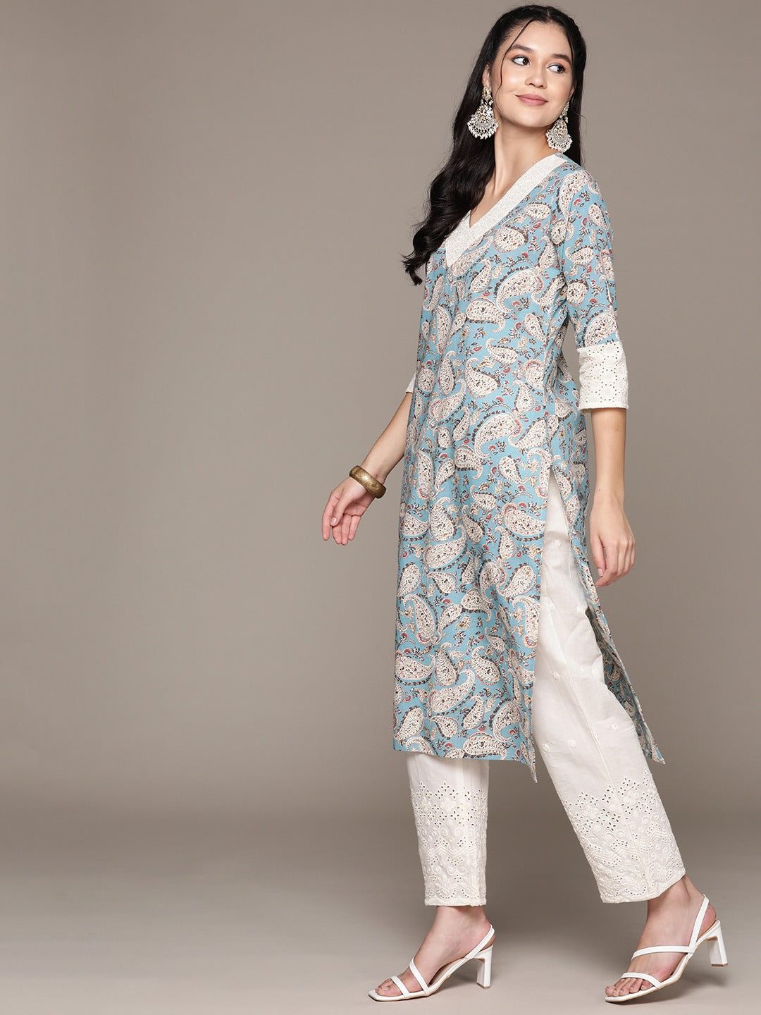 Straight Style Cotton Fabric Blue Color Kurta With Bottom