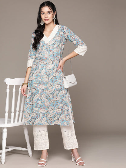 Straight Style Cotton Fabric Blue Color Kurta With Bottom