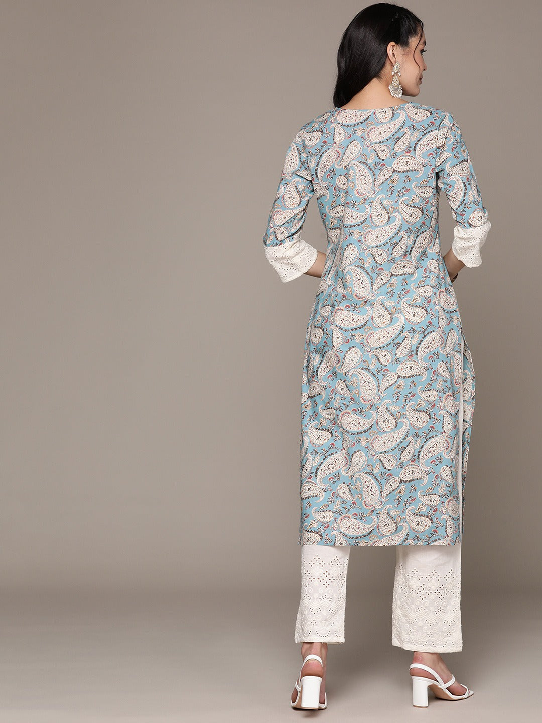Straight Style Cotton Fabric Blue Color Kurta With Bottom