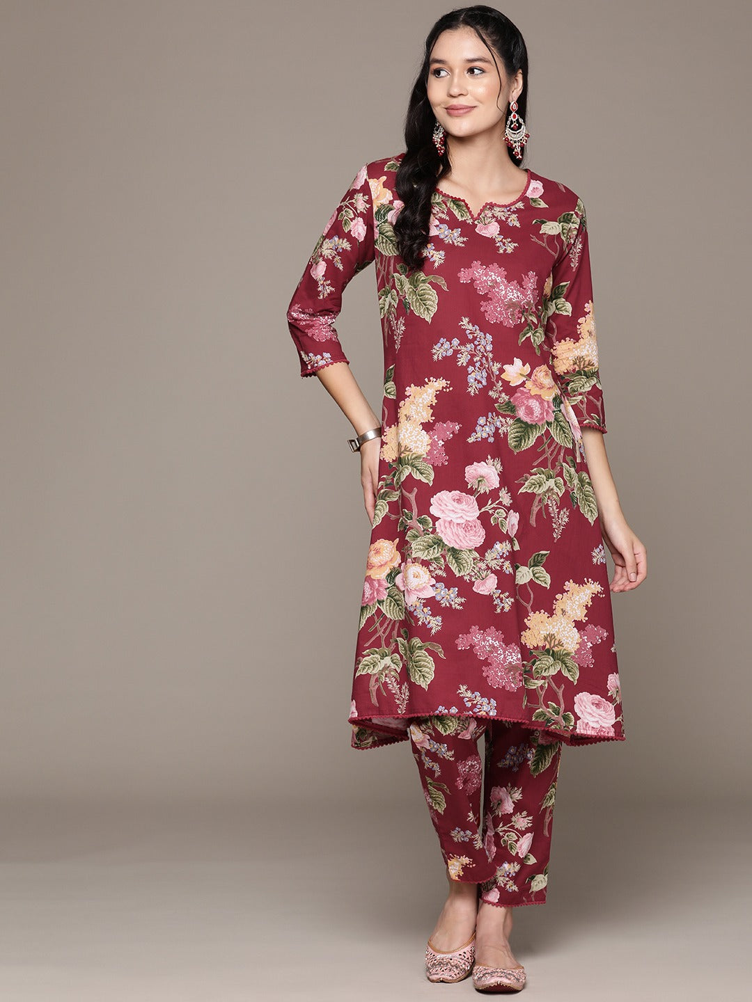Straight Style Cotton Fabric Burgundy Color Kurta With Bottom