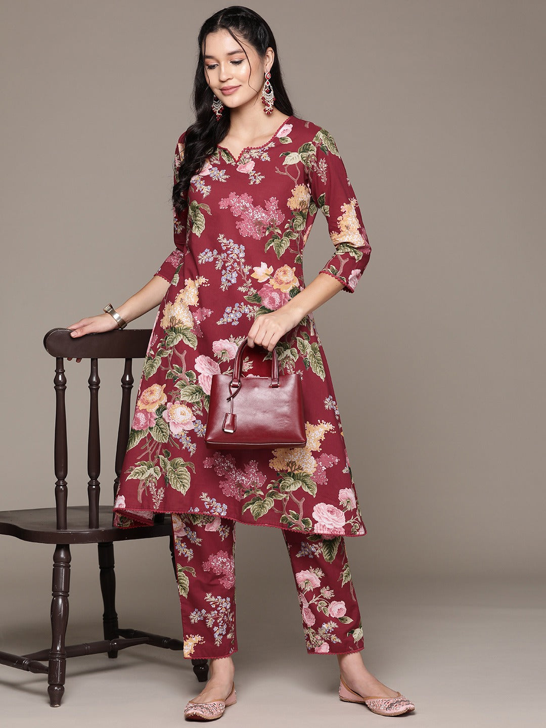 Straight Style Cotton Fabric Burgundy Color Kurta With Bottom