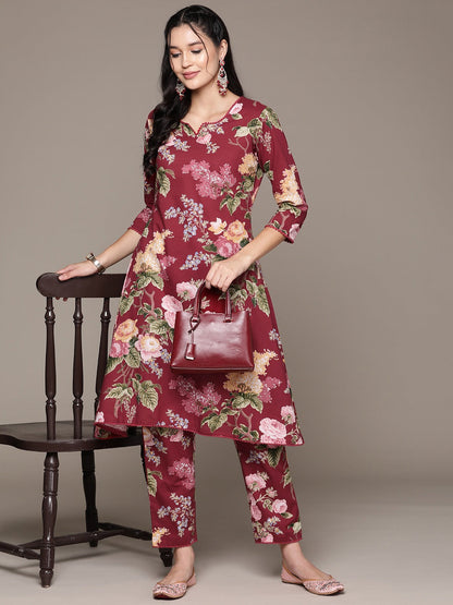 Straight Style Cotton Fabric Burgundy Color Kurta With Bottom